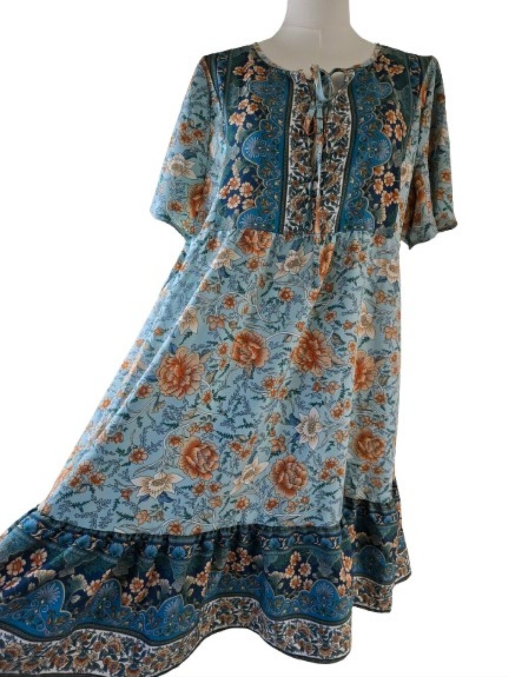Bohemian Floral Blue Midi Prairie Dress V-Neck Size XL